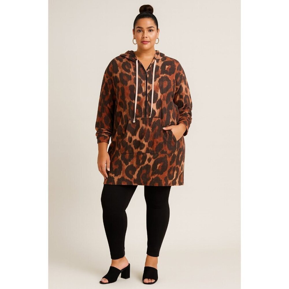 Love U Dear Womens Plus 3XL Leopard Print Hoodie Dress Baggy Grunge Brown